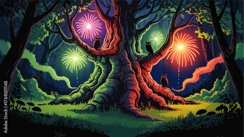 Enchanted Night Forest with Colorful Fireworks, Glowing Owls, and Magical Ancient Tree – Vibrant Fantasy Vector Illustration