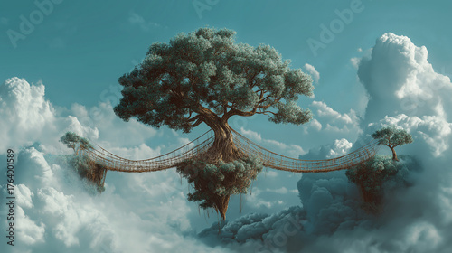 Tree with branches reaching into clouds, forming bridges