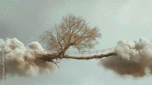 Tree with branches reaching into clouds, forming bridges