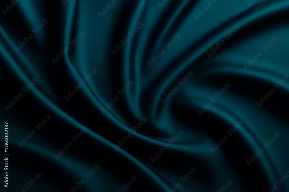 Fototapeta premium Soft dark ocean teal imperial sapphire aegean blue silk satin fabric material. Abstract brilliant smooth rich royal velvet wallpaper. Luxury elegant background. Wave line crumpled swirl. Fashion.
