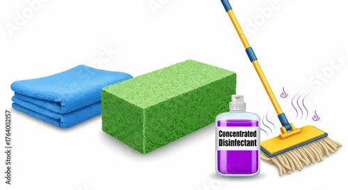 Still life of cleaning supplies featuring a mop, disinfectant, sponge, and folded blue towels
