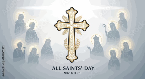 Celebrate All Saints' Day with a stunning cross design and angelic figures, perfect for religious observance and honoring the saints in faith communities worldwide, November 1
