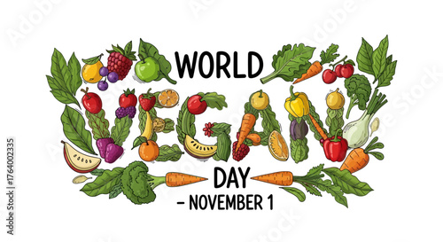 Celebrate World Vegan Day this November with fresh fruits and vegetables, perfect for health campaigns, eco-friendly promotions, and delicious plant based recipes