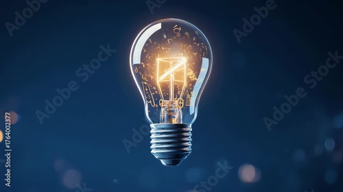 A lightbulb with glowing details inside, against a dark blue background