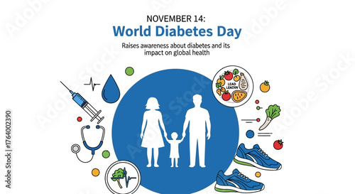 Inspiring World Diabetes Day campaign raising awareness for global health, featuring families, healthy food, medical tools, and athletic shoes promoting prevention and wellness