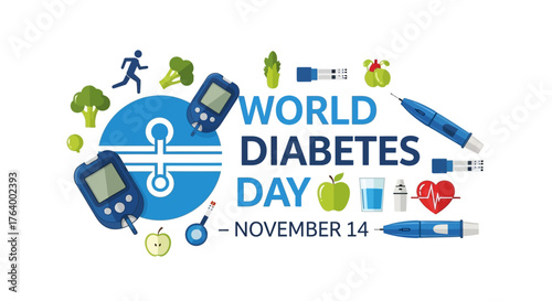 Promote World Diabetes Day this November with a vibrant design showcasing healthy living and medical tools, perfect for awareness campaigns and educational materials about disease prevention