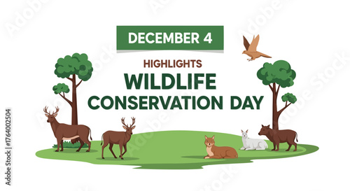 Celebrate Wildlife Conservation Day on December 4th with a vibrant scene of deer, a bird, and other animals thriving in their natural habitat, a perfect visual for environmental awareness campaigns
