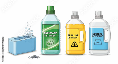 Illustration of enzymatic alkaline and neutral detergents with soap bubbles and small beads nearby