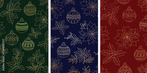 Festive Holiday Seamless Patterns Gold Outlines on Green, Blue, and Red