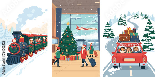 Diverse winter holiday travel illustrations a festive train, bustling airport, and family car road trip through snow. Perfect for seasonal greetings and adventure