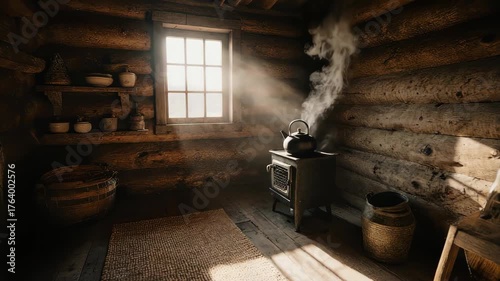 Sunlit rustic cabin interior with a steaming kettle and wooden textures