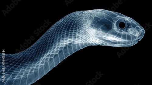 X-ray image of a snake head and body showing skeletal structure and scales for science and biology research