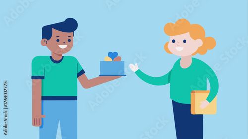 A cheerful interaction where a volunteer hands a free giveaway item to a curious passerby.
