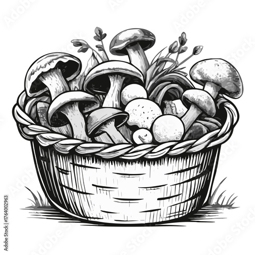 Basket filled with various mushrooms and greenery in sketch style, transparent background  