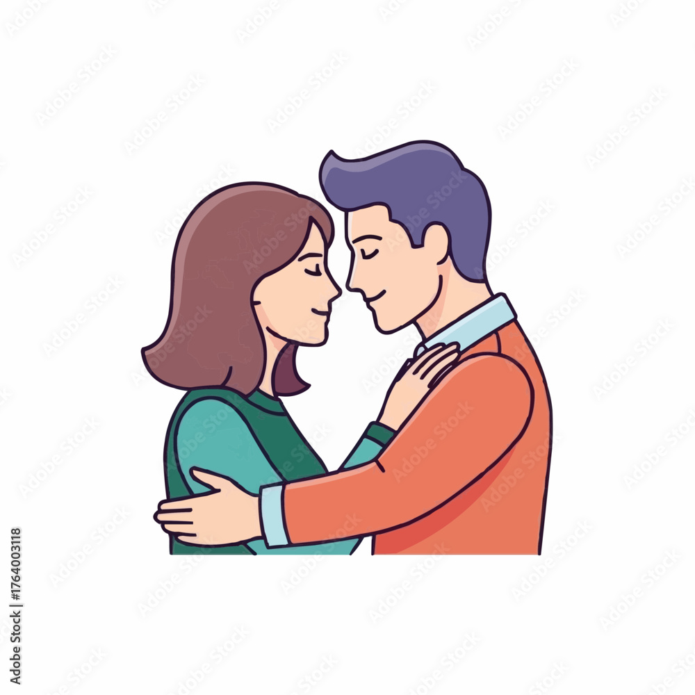 Obraz premium Romantic couple embracing and smiling with affection in a minimalist style, 