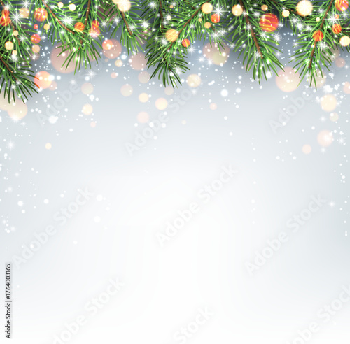 Vector illustration of Christmas pine branches with sparkling lights and bokeh, creating a festive holiday background with copy space.