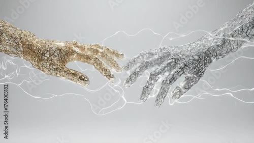 Two wire hands reaching, connecting, with electric energy strands