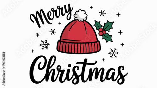 Festive red beanie hat adorned with holly and snowflakes wishes merry christmas