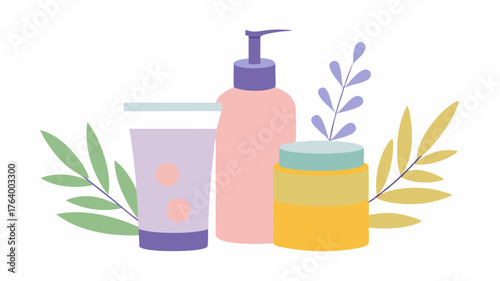A colorful assortment of body scrubs and lotions thoughtfully p with sprigs of lavender and elegant watercolor washes.
