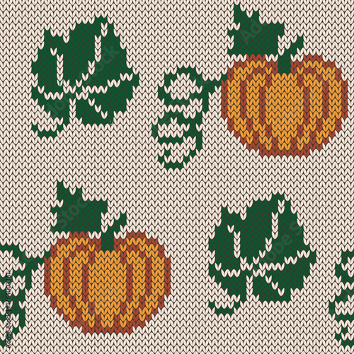 Pumpkin knitted seamless pattern. Vector illustration.