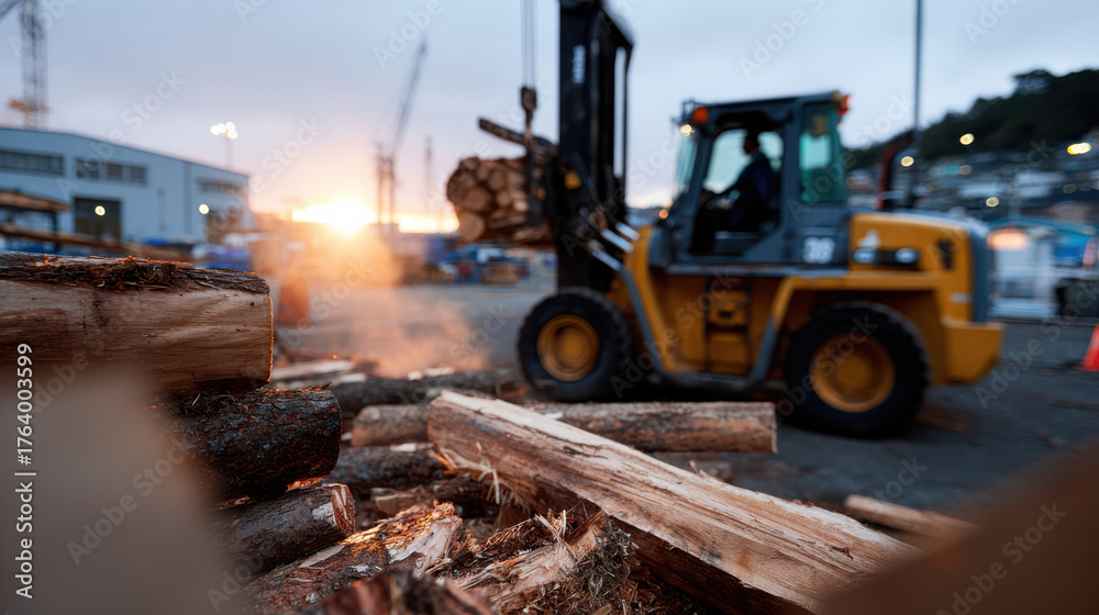 Fototapeta premium A forklift lifts logs at a lumber yard during sunset, with a beautiful glow in the background highlighting the industrial activity and rich texture of the wood.