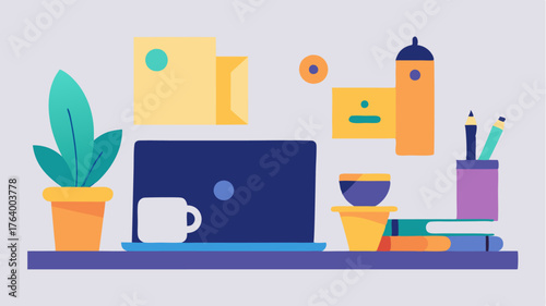 A creative workstation with a large desk a stylish laptop an artisan coffee cup and colorful stationery carefully arranged hinting at artistic pursuits.
