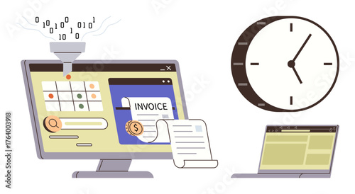 Desktop screen with invoice software, data filtering funnel, clock, and laptop. Ideal for finance, automation, time management, organization, data processing efficiency planning simple flat
