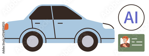 Blue car symbolizing autonomous vehicle, AI concept marked by the AI icon, and digital driver license. Ideal for transportation, AI innovation, smart technology, safety, digital identity, futuristic