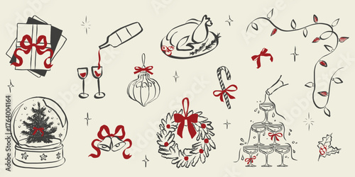 Retro doodles of Christmas party. Vintage new year icons dinner meals in chalk and crayon drawing. Xmas party elements for poster and greeting cards. Quirky holiday vector illustration