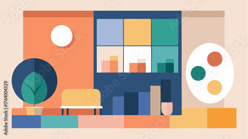 A color palette development process showcasing paint swatches and color combinations for a cohesive room design.