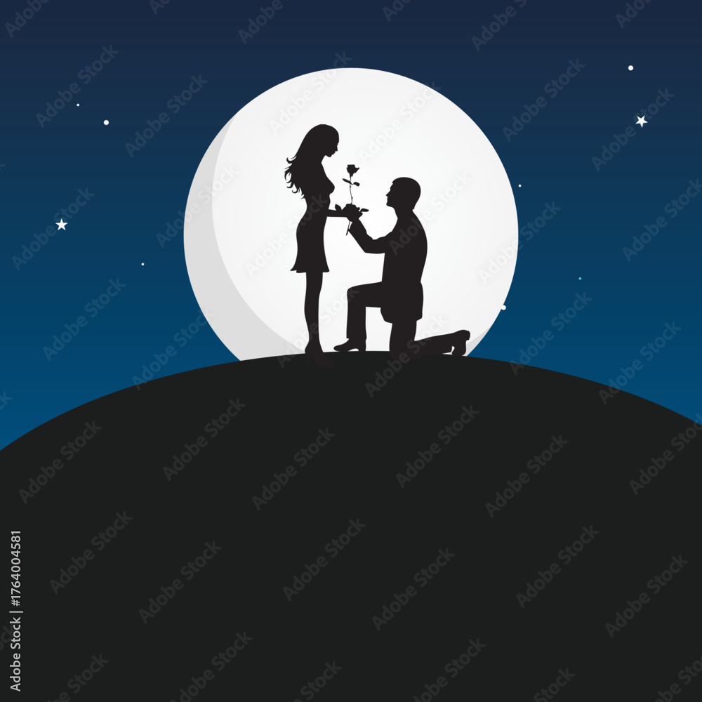 Naklejka premium Silhouette of Loving Couple under Bright Moon — Romantic Night Scene Vector (EPS)