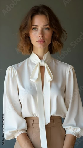 Woman in Ivory Silk Blouse with Ribbon Collar