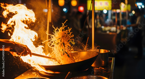 Dramatic fiery wok cooking of Asian noodles at a night market.