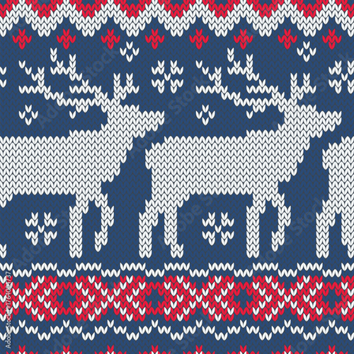 Reindeer jacquard knitted seamless pattern. Scandinavian background. Vector illustration.