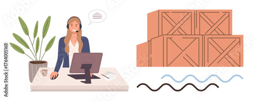 Woman wearing headset at desk with computer, surrounded by office elements, overseeing stacked cargo boxes. Ideal for customer service, logistics, supply chain, shipping process, support, teamwork
