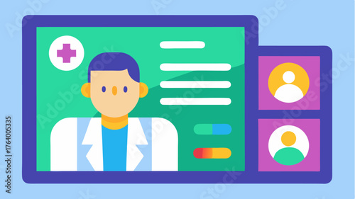 A colorful dashboard showcasing a patients health records on one side with a reassuring doctor icon animated to offer advice on the other.