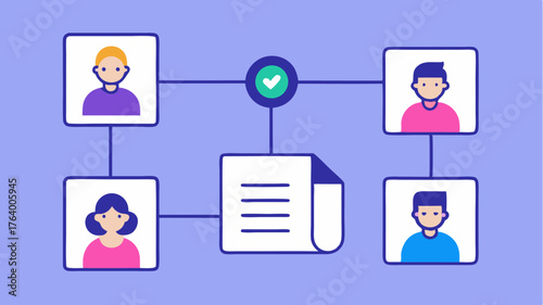 Flowing lines connecting icons of team members working on a shared document online showing realtime collaboration on project deliverables.