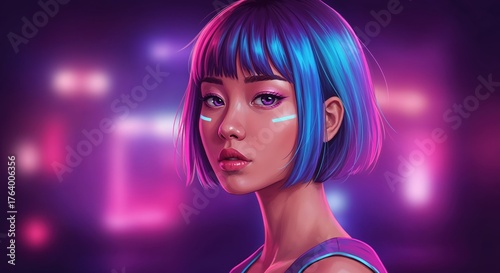 Futuristic beauty: A portrait of a woman with vibrant blue hair and a futuristic neon glow, blending modern beauty with cyberpunk elements.
