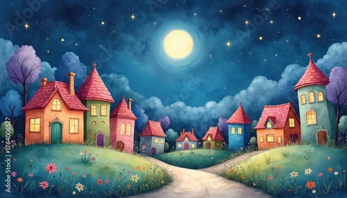 Whimsical watercolor village at night under full moon. Colorful, dreamlike houses, glowing windows, starry sky. Fairytale landscape, serene atmosphere, charming decor elements for cards, posters,