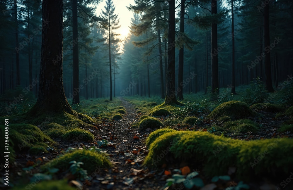 Fototapeta premium Misty autumn forest path after sunset. Coniferous trees shrouded in fog. Mossy ground with fallen leaves. Mysterious, peaceful wilderness scenery. Enchanting northern woodland.