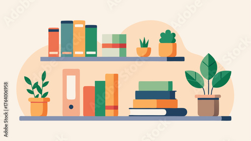 A floating bookshelf displays curated books and plants creating an inviting yet uncluttered space.