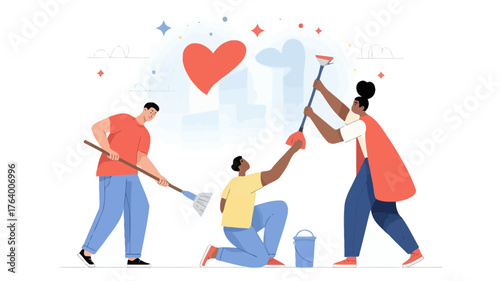 Volunteers enthusiastically paint a large red heart on a wall symbolizing love and community spirit