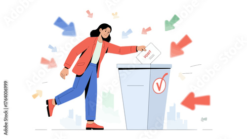 Woman discarding papers into a trash can with colorful arrows indicating a chaotic or overwhelming process