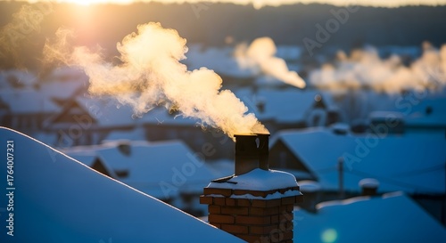 Smoke rising from chimney on snowy rooftops during winter sunset  