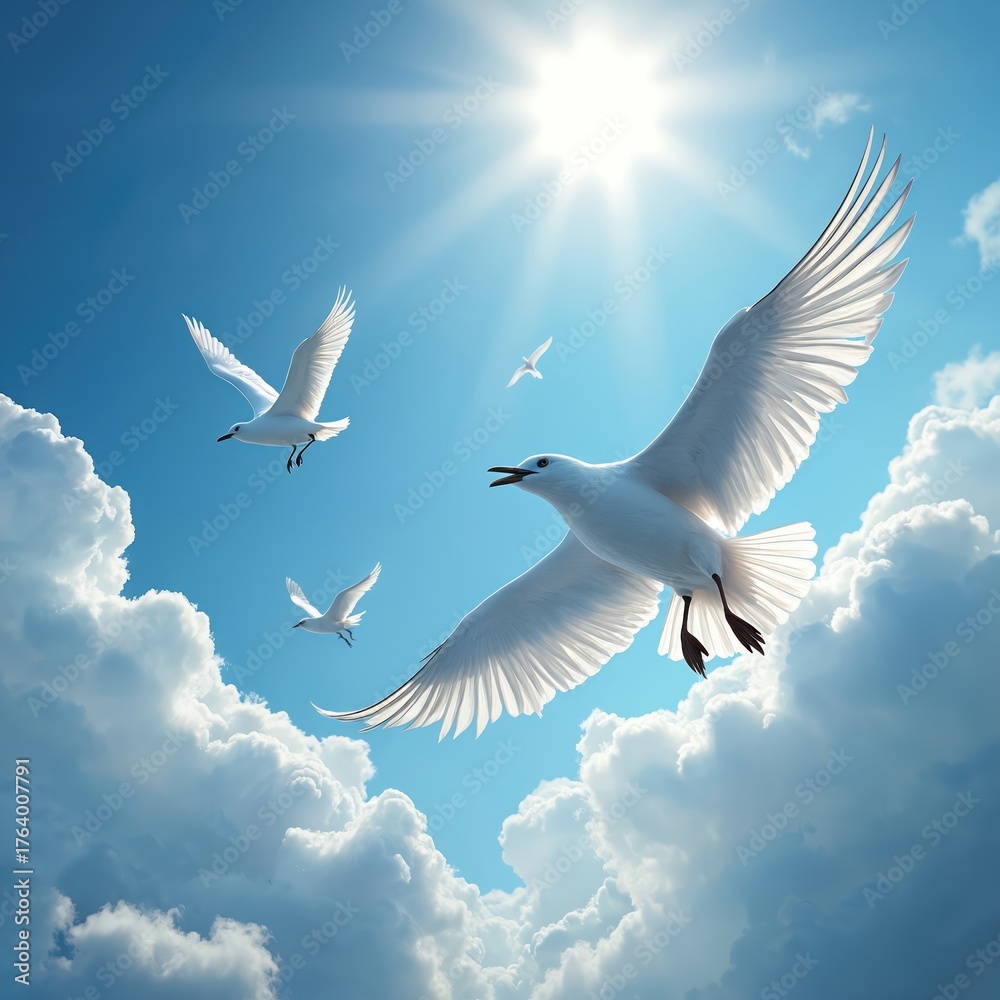 Fototapeta premium Four white seagulls soar gracefully through vibrant blue sky, in fluffy white clouds. Sunlight beams intensely from above, illuminating birds outstretched wings, feathers. Scene evokes freedom,