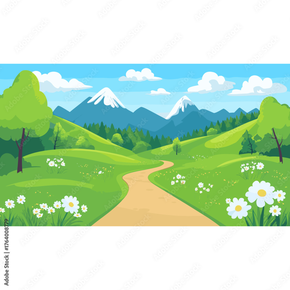 Fototapeta premium An outdoor trail in the mountains outdoors green illustration vector