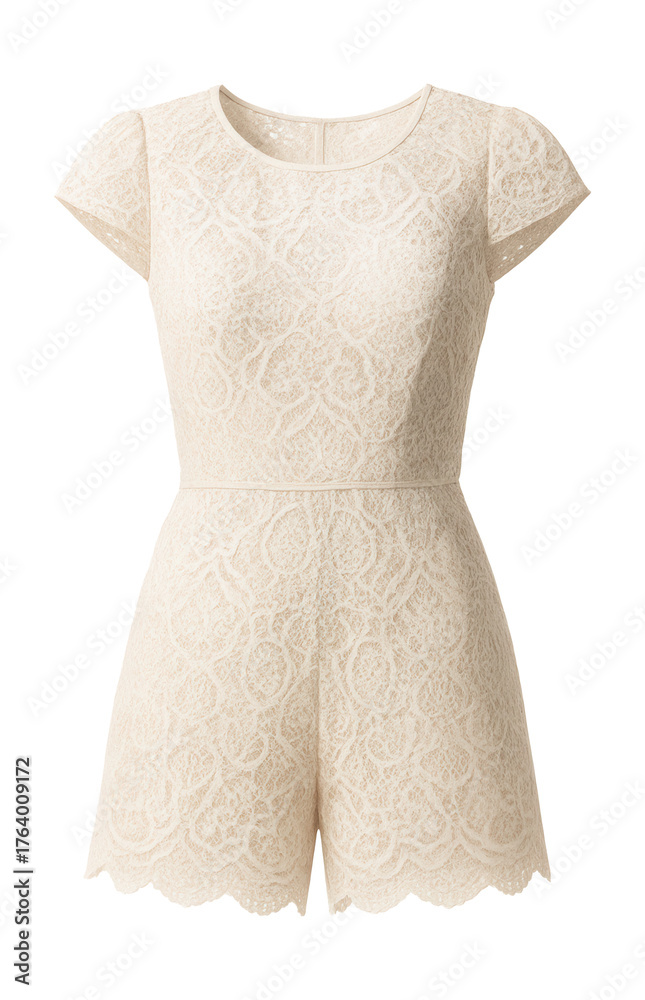 Obraz premium Lace overlay jumpsuit featuring cap sleeves and a scalloped hem.