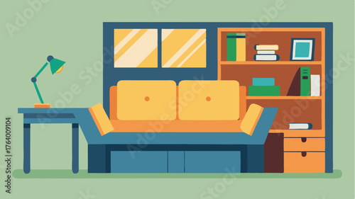 A versatile multipurpose room with a foldout sofa desk space and storage solutions for both work and relaxation.