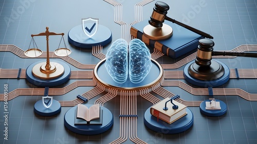 Digital brain surrounded by legal icons, books, gavel and scales on a technology circuit board illustrates artificial ligence law and justice concept.