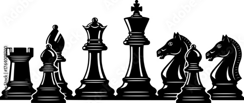 Chess silhouette. This image shows a design of chess pieces in silhouette form, including rooks, knights, bishops, queens, and kings. Vector clipart illustration design. 